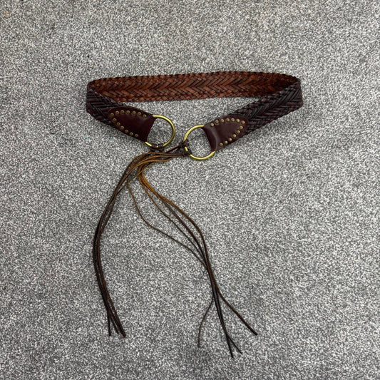 Y2K vintage faux leather braided belt studded woven o ring adjustable