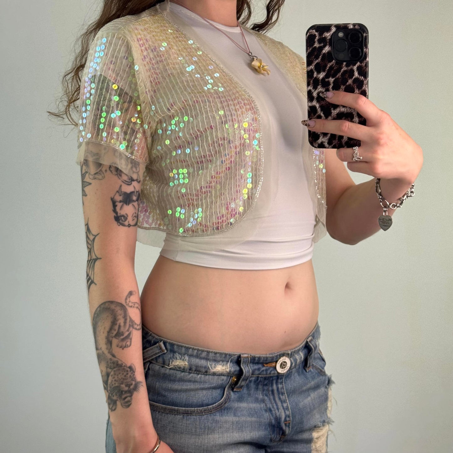 Y2K vintage sequin embellished mesh open front cropped cardigan short sleeve