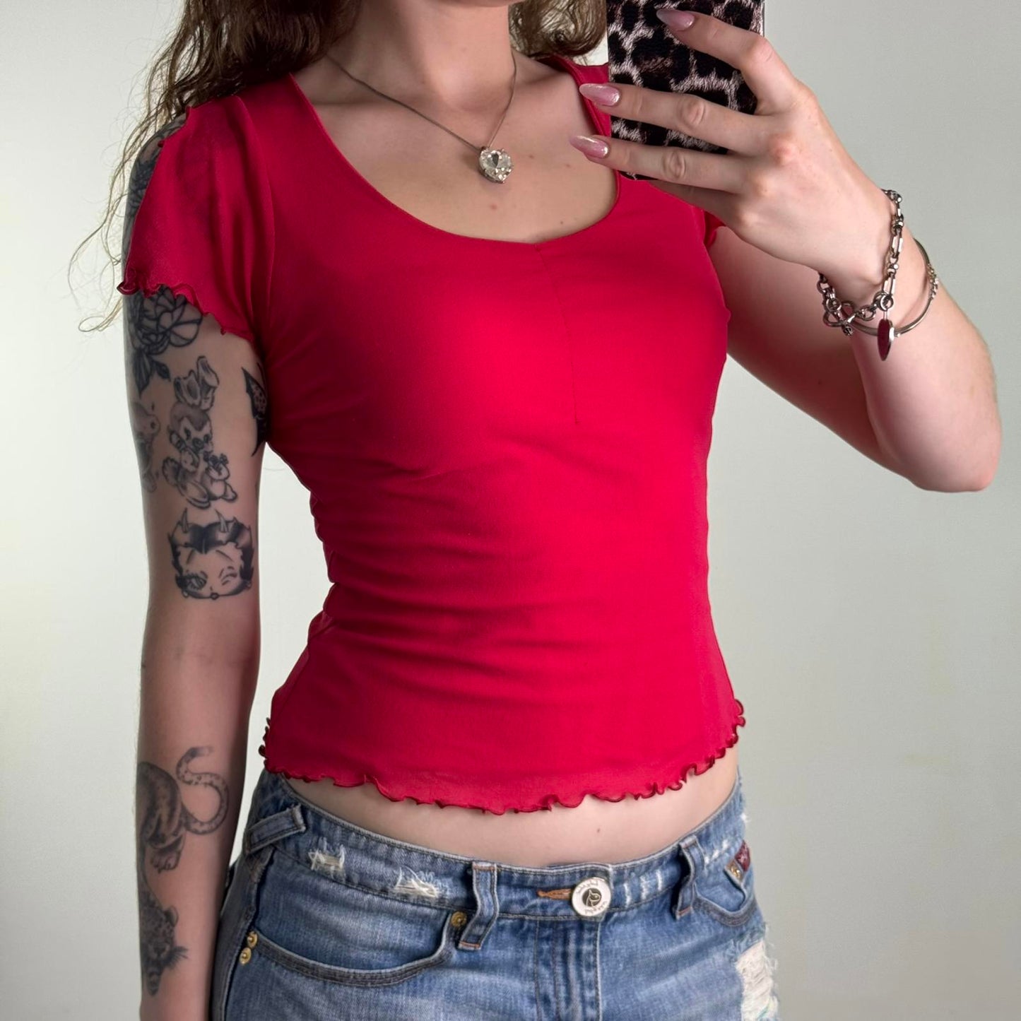 Y2K vintage mesh overlay lettuce hem frill sleeve top red round neck stretchy