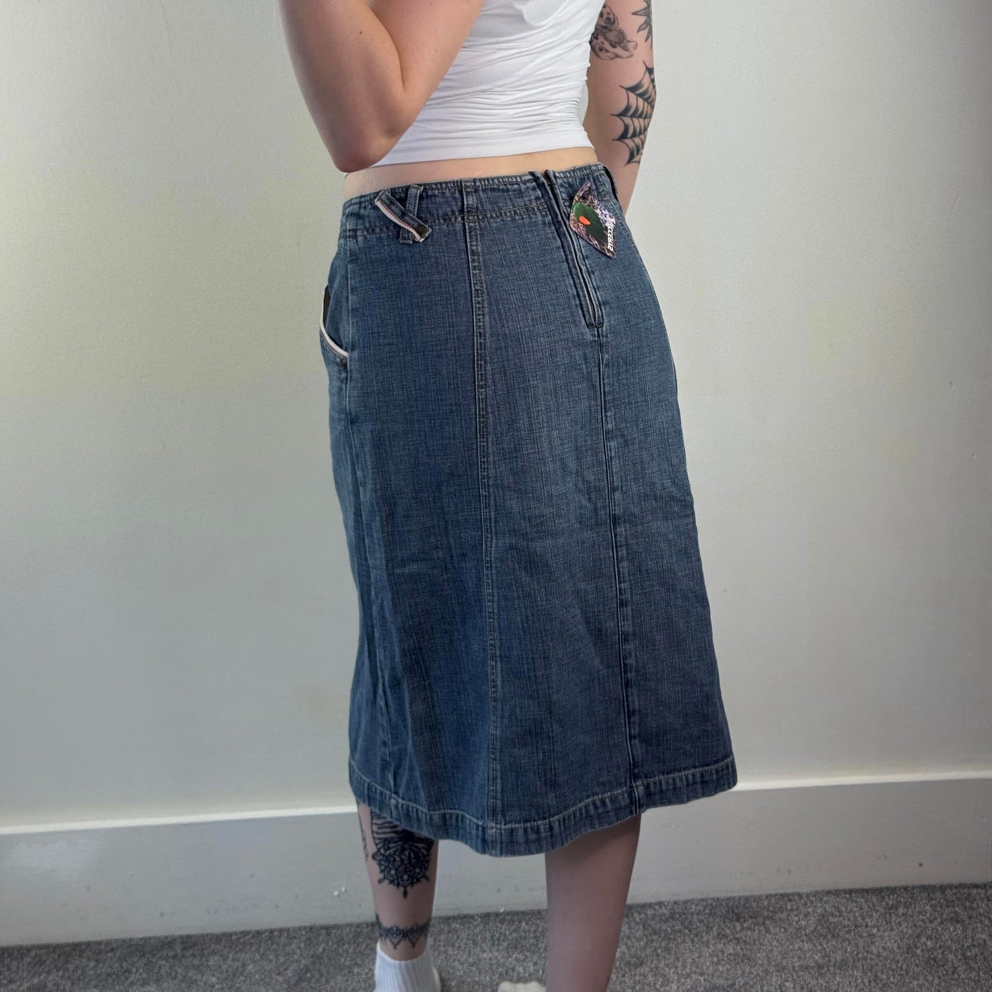 Y2K vintage a line faded denim midi skirt with side pockets
