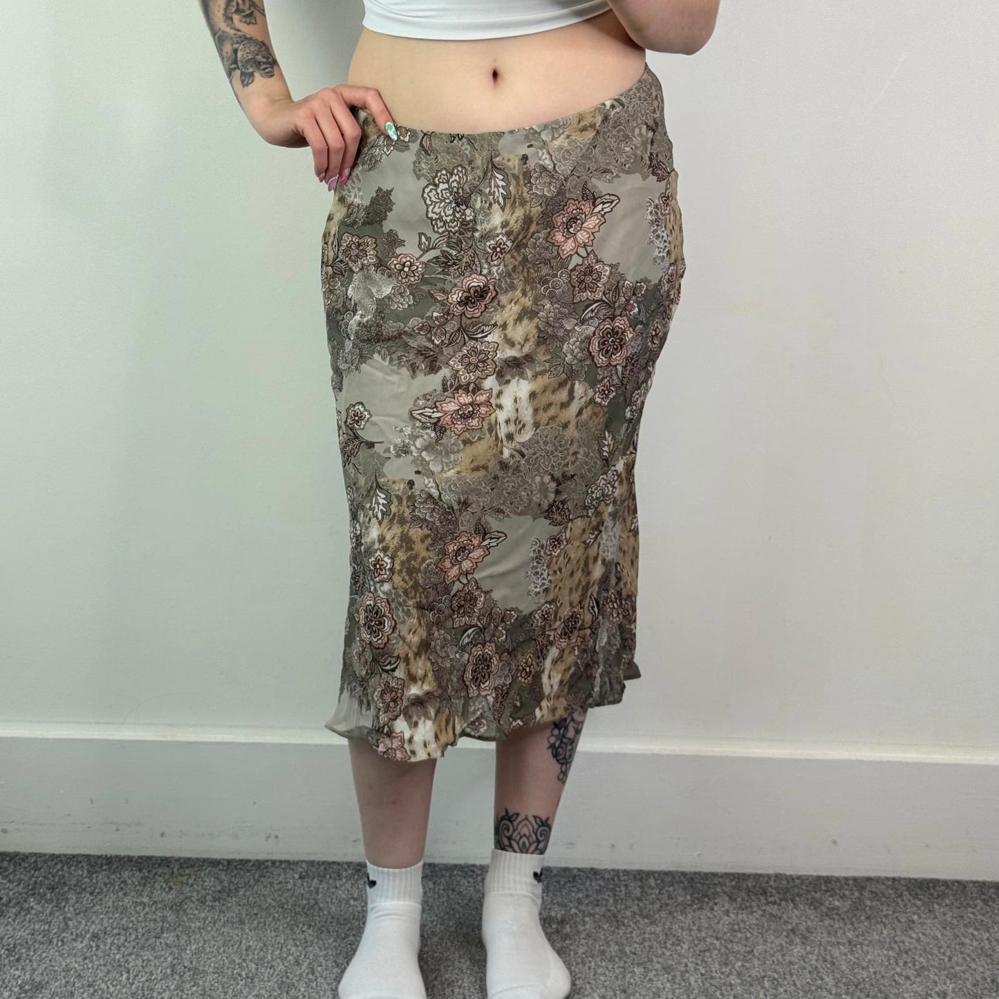 Y2K vintage midi skirt floral print leopard stretch knee length khaki pink brown
