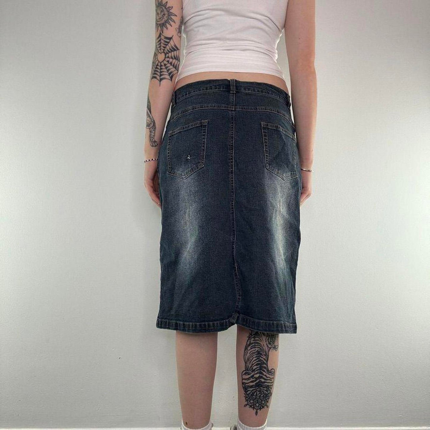 Y2K vintage sparkle embroidered rhinestone faded dark blue denim midi skirt