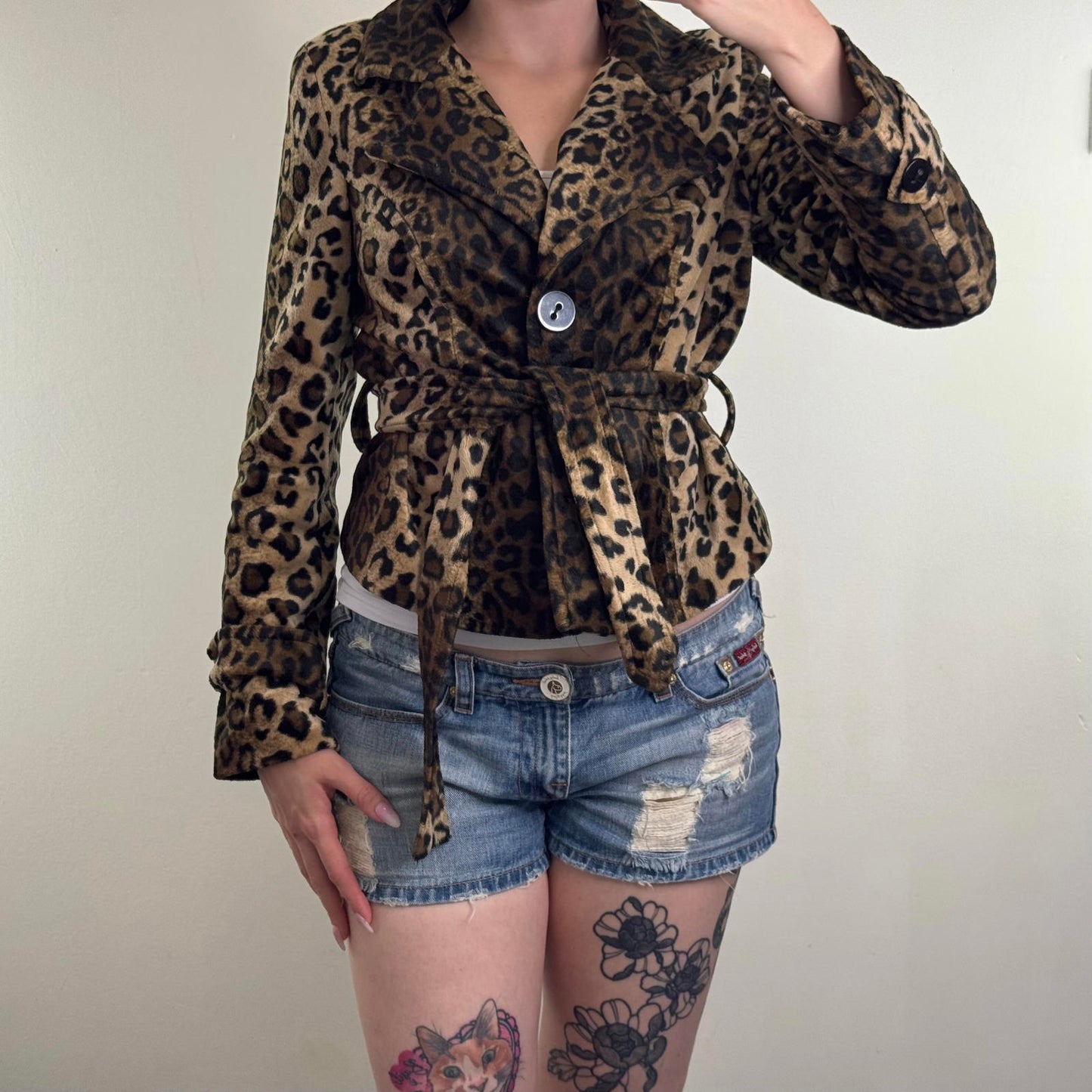 Y2K vintage fuzzy leopard print short jacket with belt flattering lightweight