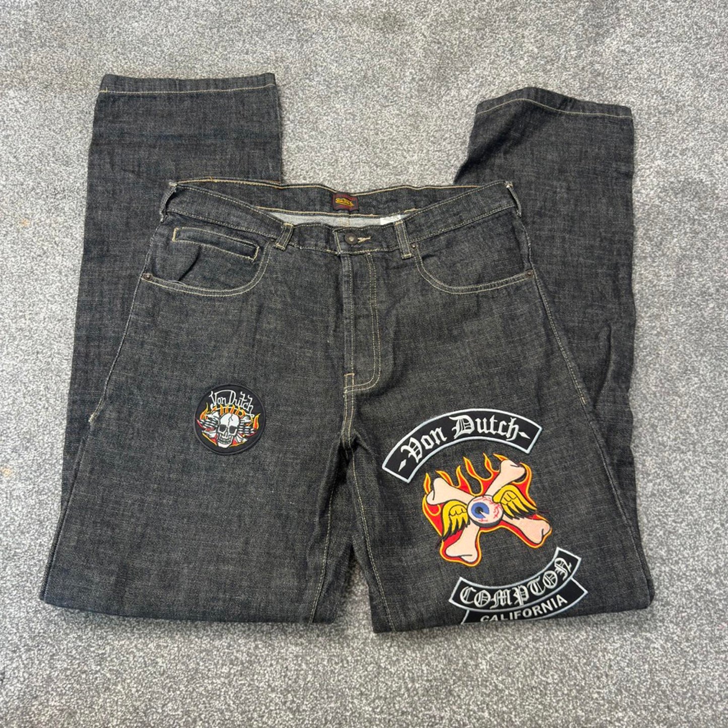 Y2K vintage Von Dutch straight leg embroidered patches jeans