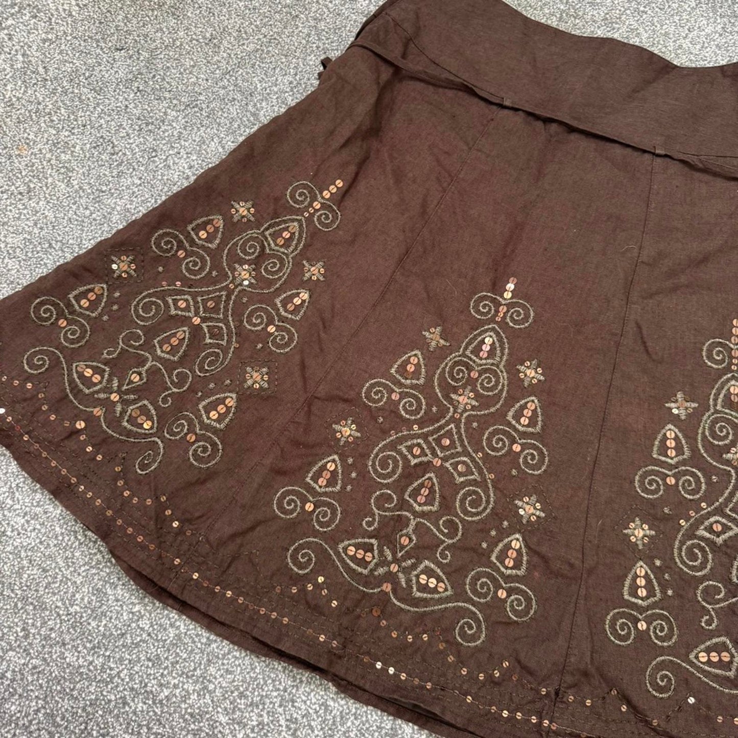 Y2K vintage 100% linen sequin embroidered embellished midi skirt a line belt