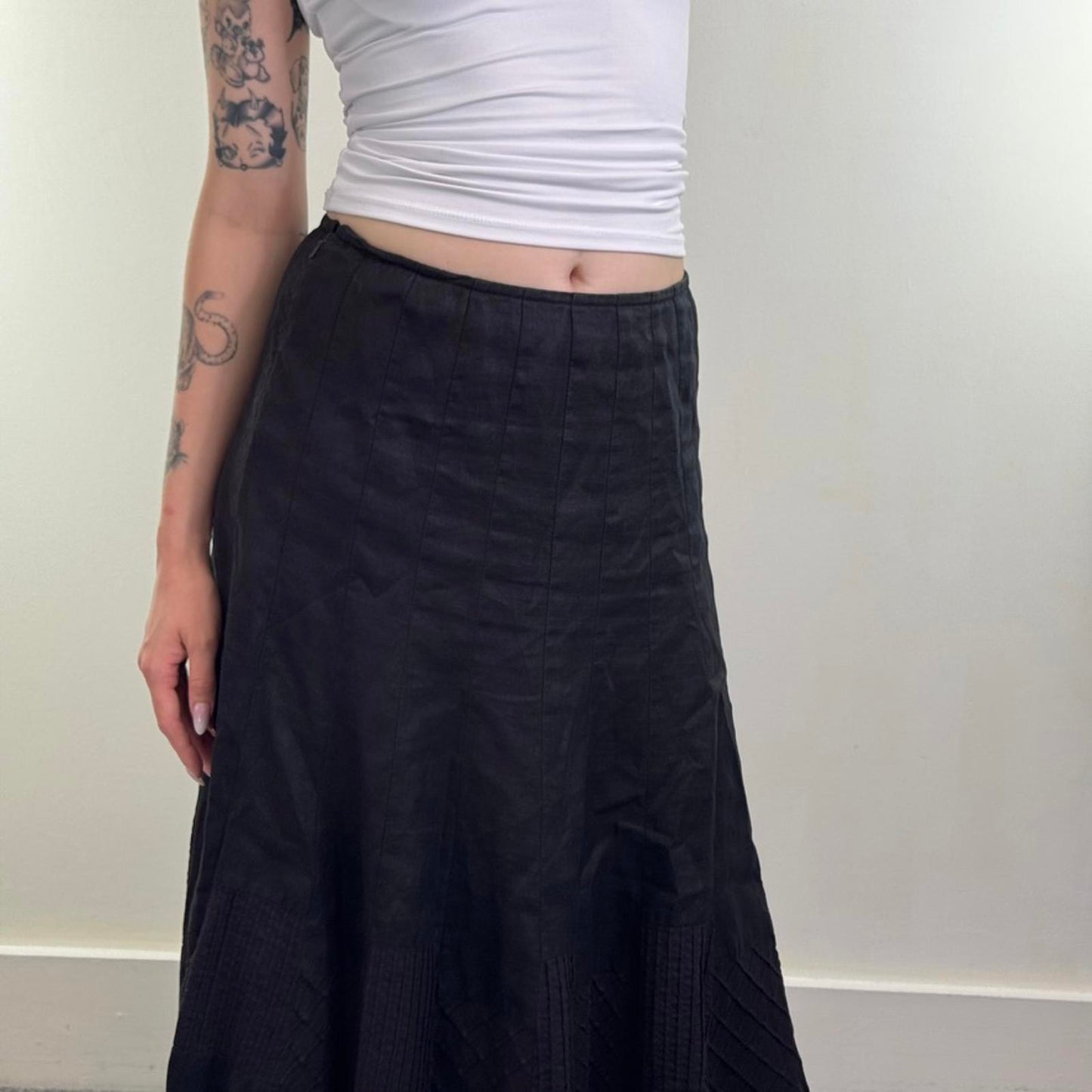 Y2K vintage 100% pure linen maxi skirt pattern hem trim stripe check black