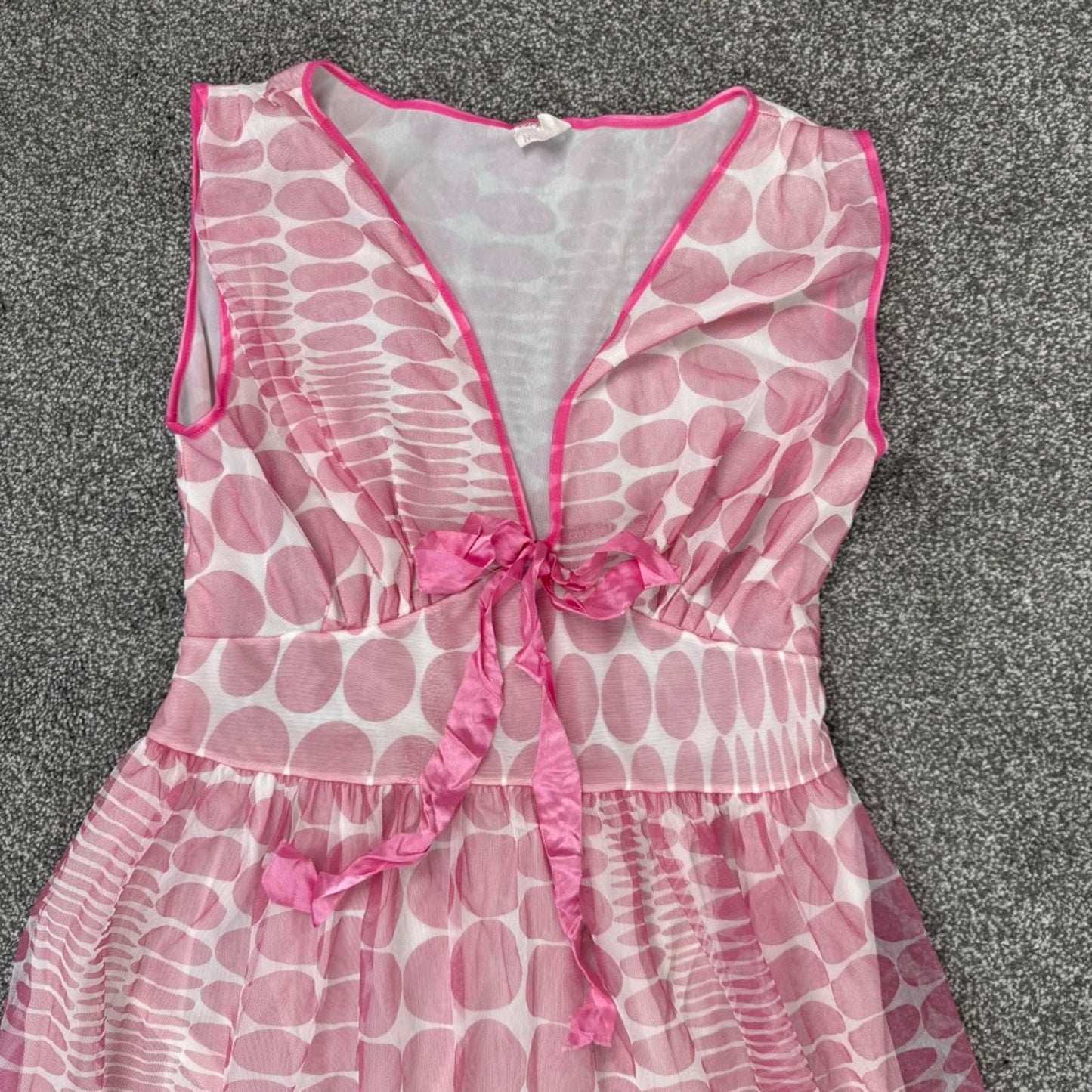 Vintage night dress polka dot frill mesh tiered bow pink white satin bow overlay