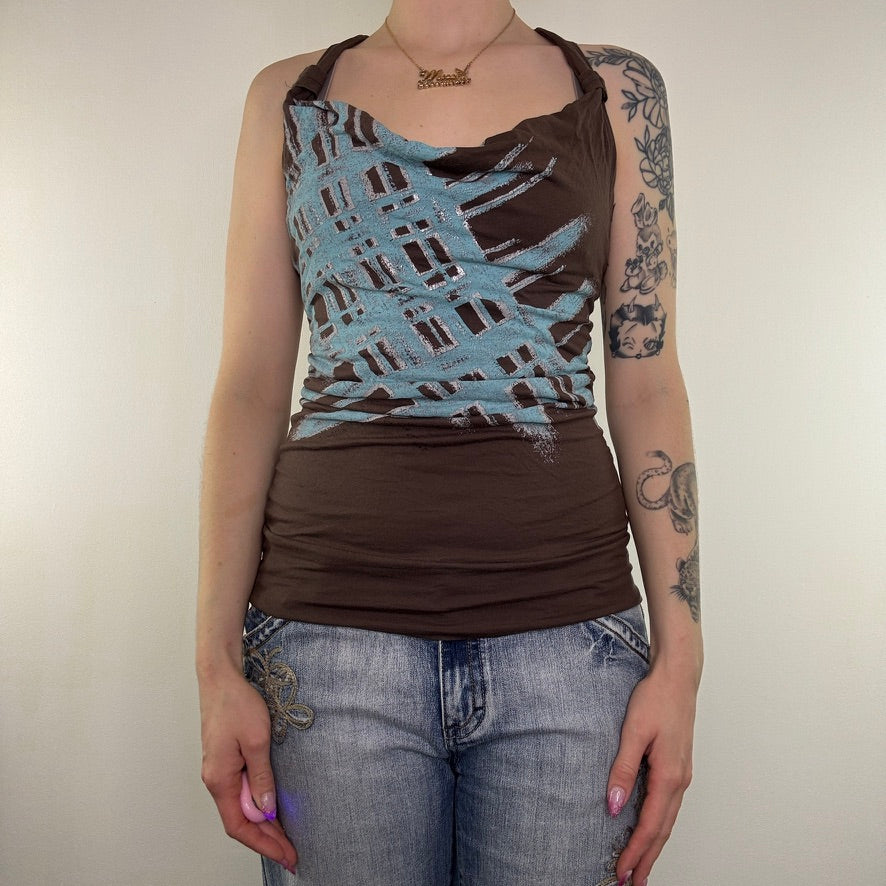 Y2K vintage Jane Norman tank top blue pattern abstract racer cowl neck