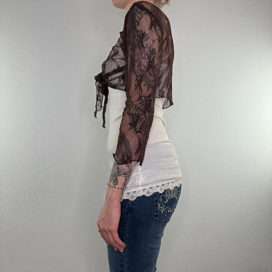 Y2K vintage lace floral mesh cardigan tie front