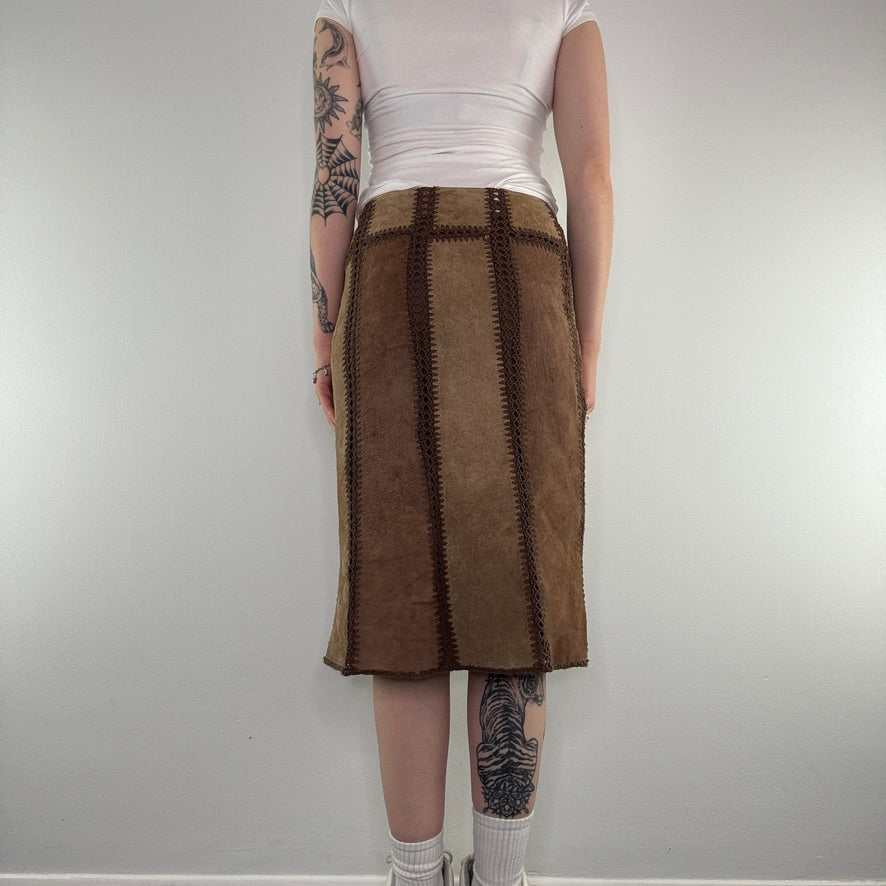 Y2K vintage suede patchwork midi skirt