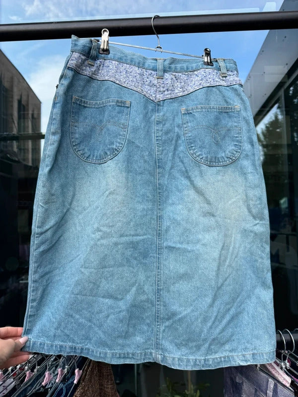 Y2K vintage  dragonfly midi skirt denim boho patchwork floral