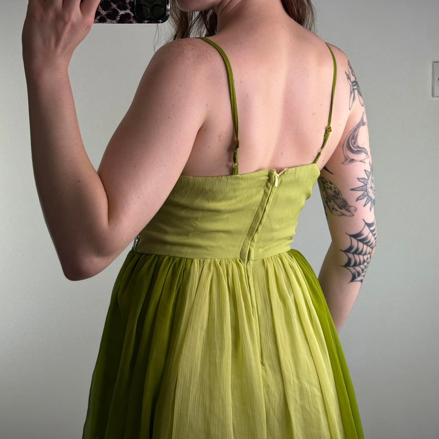 Y2K vintage green ombre sequin mini dress floaty a line ruched strappy