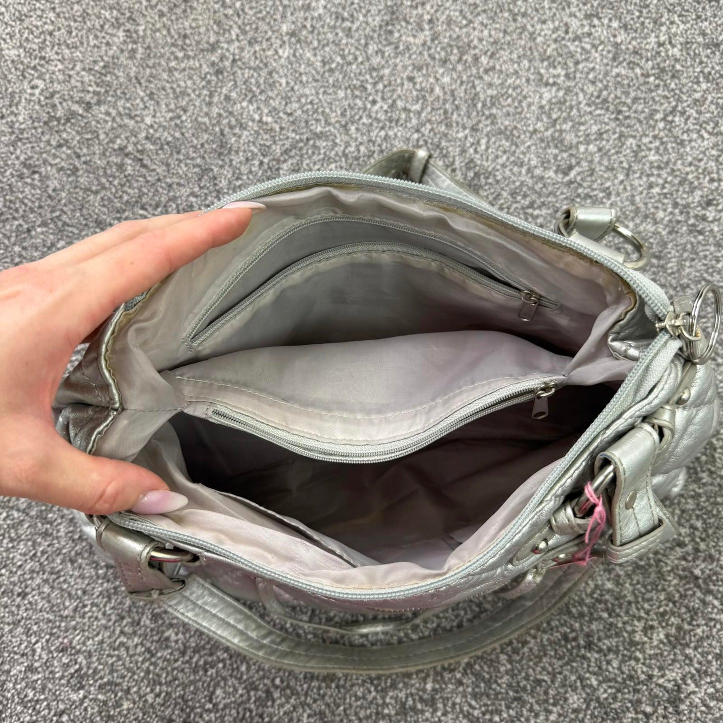 Y2K vintage faux leather silver shoulder bag quilted zipper studded O ring