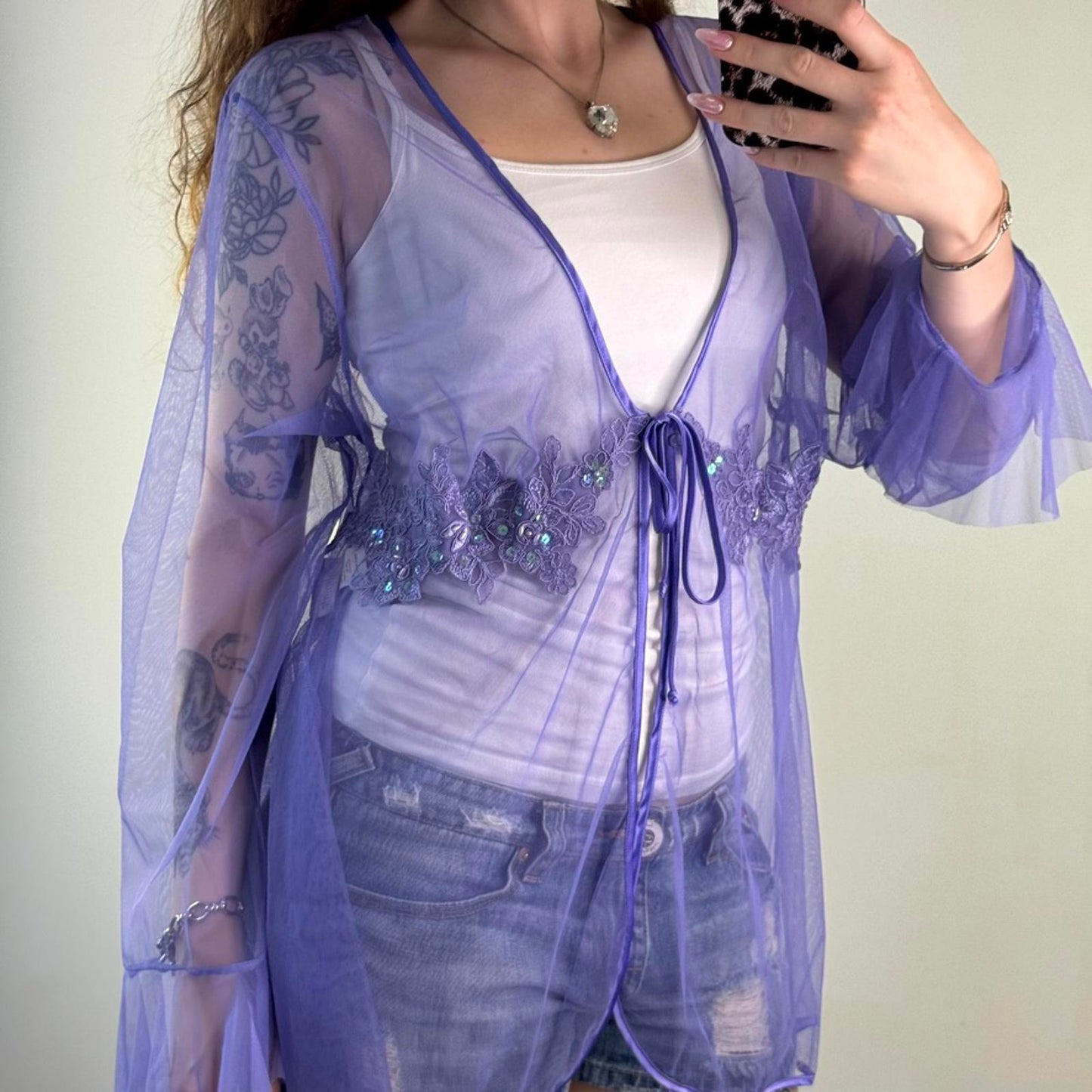 Y2K vintage lilac mesh cardigan floral embroidery sequin v neck frill sleeve