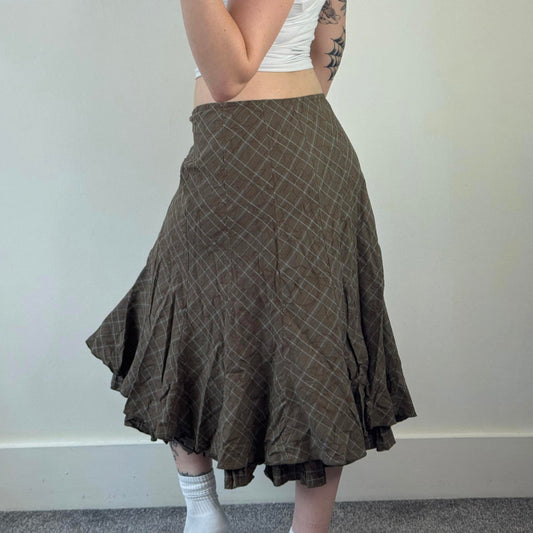 Y2K vintage tartan frill midi skirt ruffle a line khaki blue floral embroidery