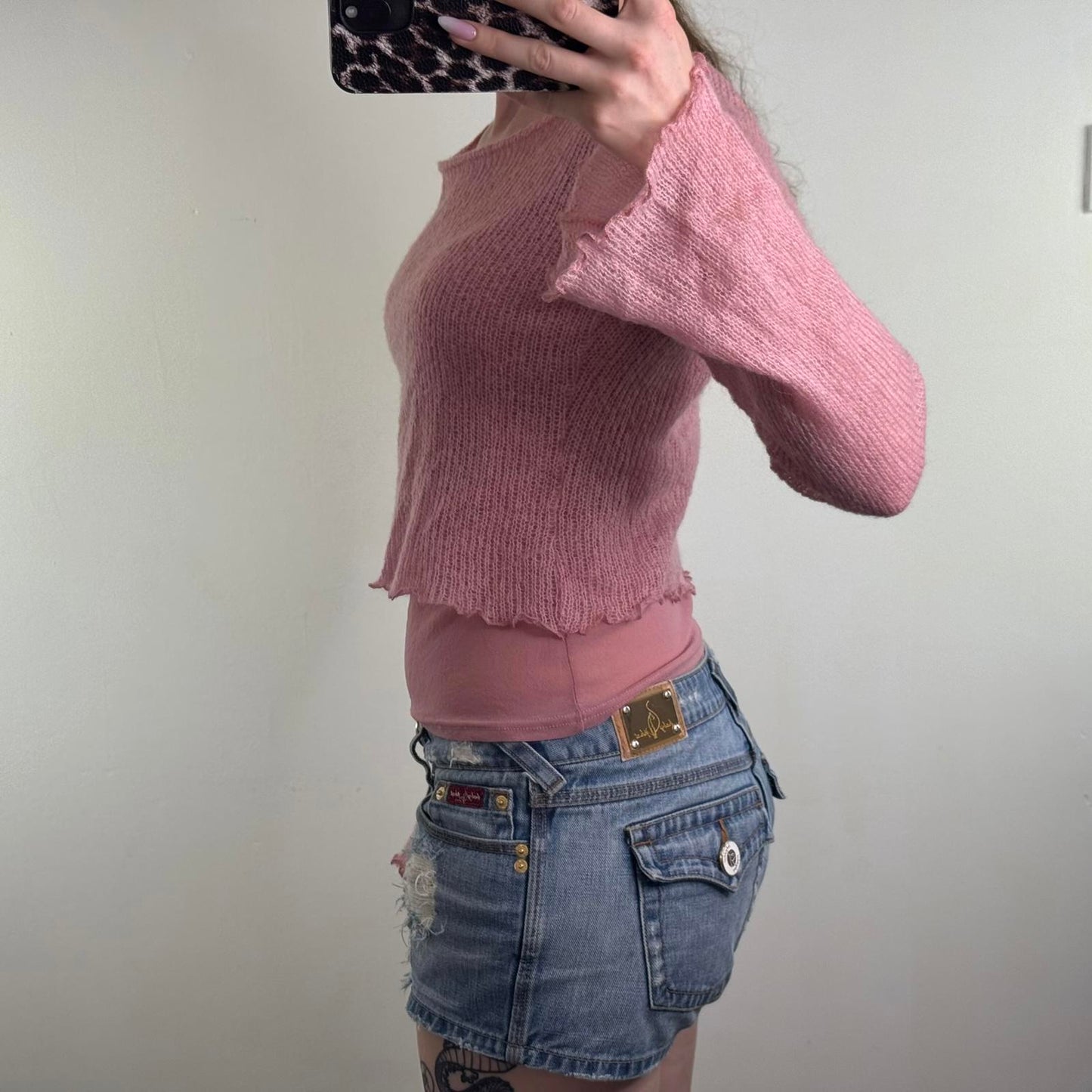 Y2K vintage Mohair blend double layered knit jumper flare sleeve lettuce hem