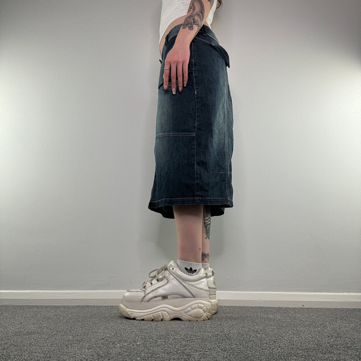 Y2K archive faded denim midi skirt