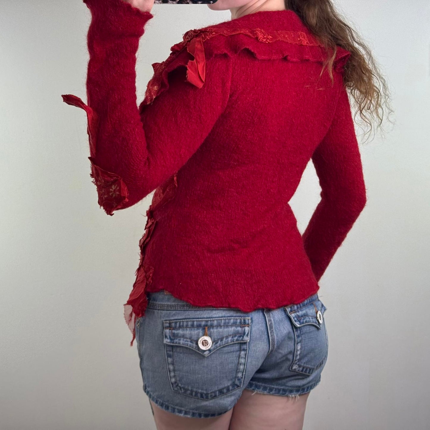 Y2K vintage mohair/ silk knit cardigan lace trim 3D flowers bow patchwork