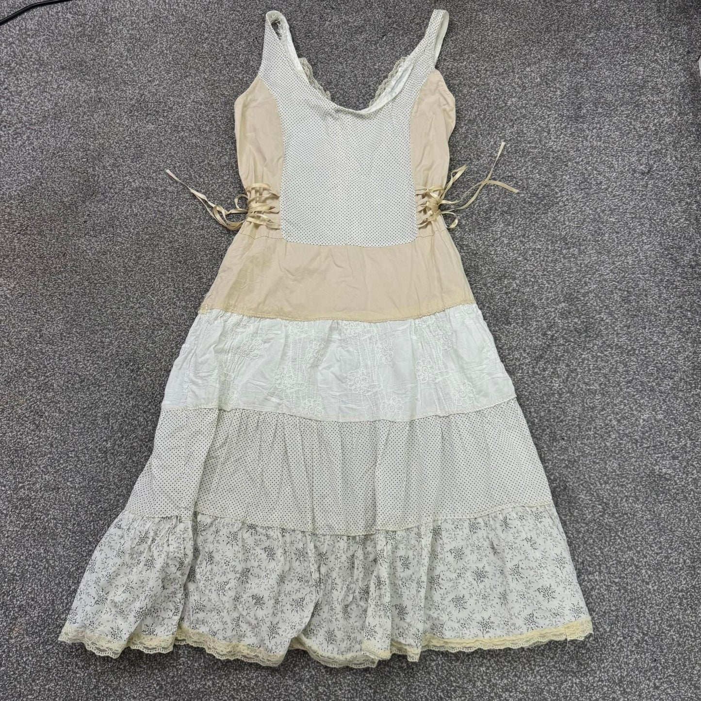 Y2K vintage coquette midi dress a line broderie anglaise lace trim polka dot