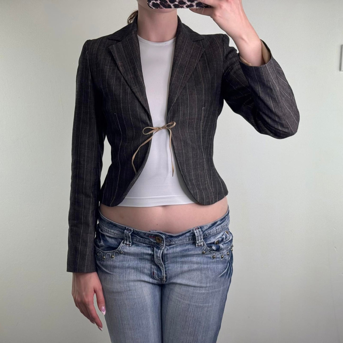 Y2K vintage pinstripe crop blazer bow open front shoulder pads tailored office