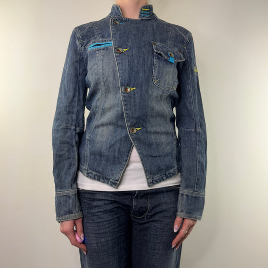 Y2K vintage denim jacket asymmetrical military yellow blue contrast faded denim