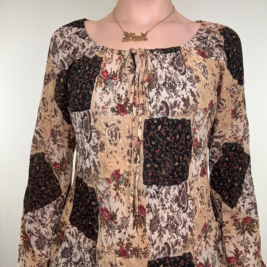 Y2K vintage blouse top sheer floral flared sleeve bow boho