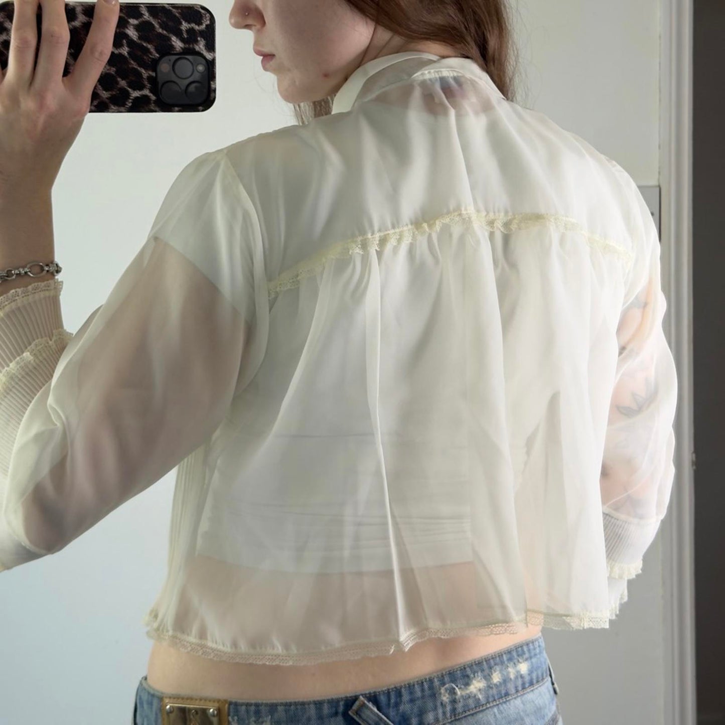 Y2K vintage lingerie bed night cardigan sheer frilly bow flare sleeve coquette