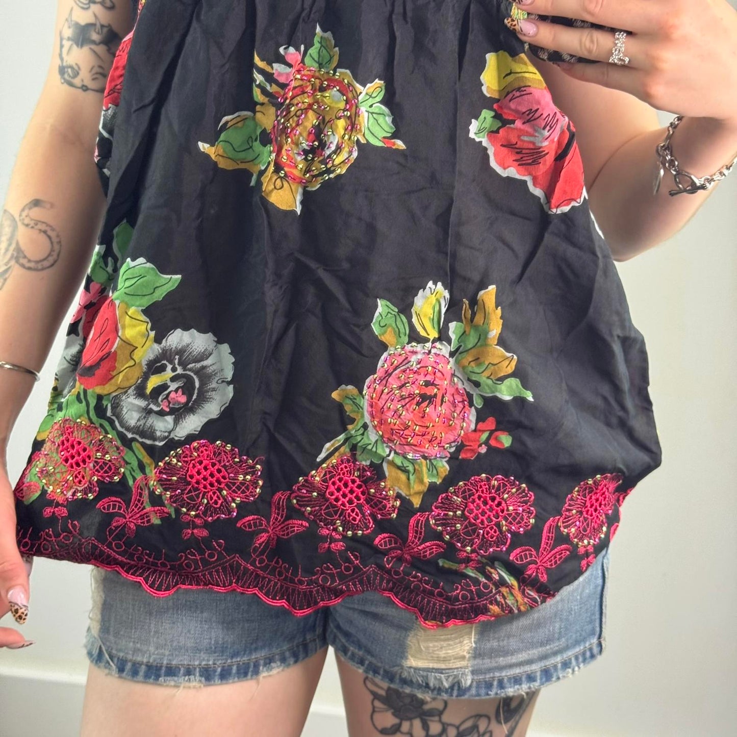Y2K vintage strapless top floral print beaded stretchy bust floaty flowy