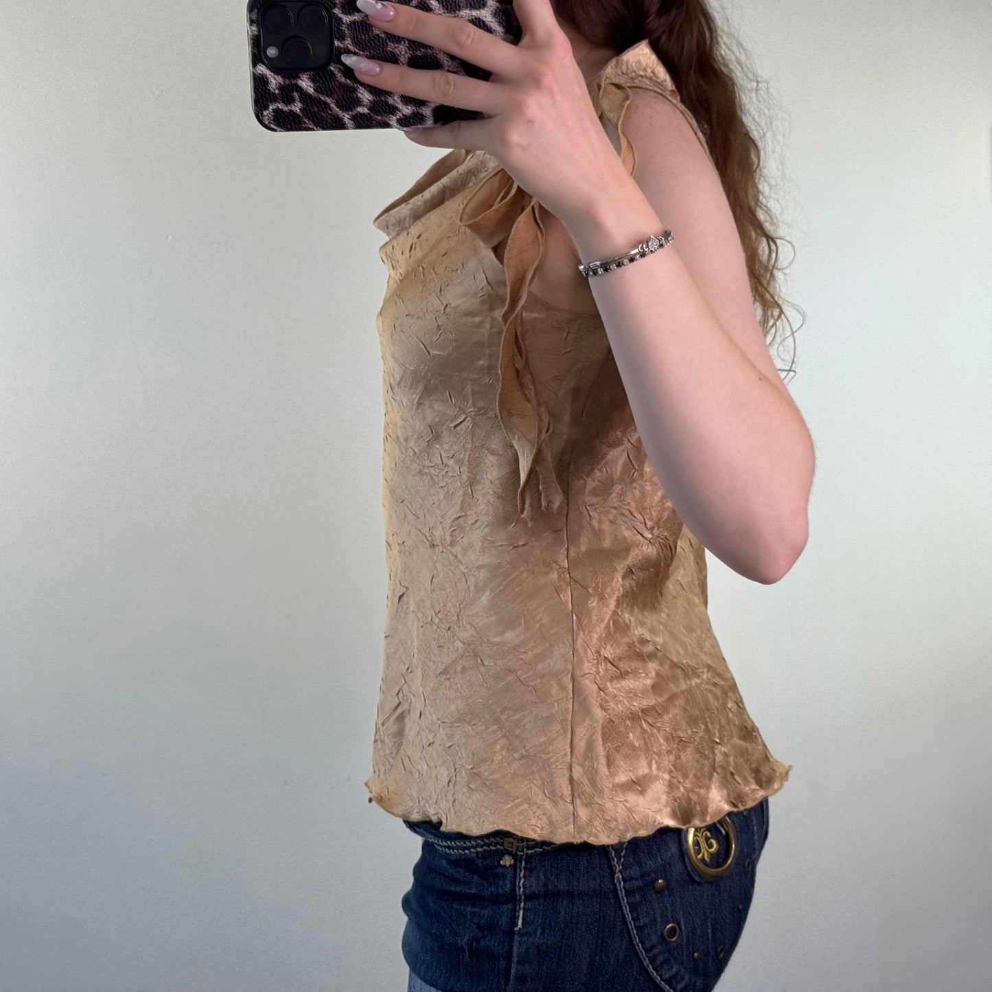 Y2K vintage gold one shoulder crinkle top 3/4 sleeve flare cowl neck bow party