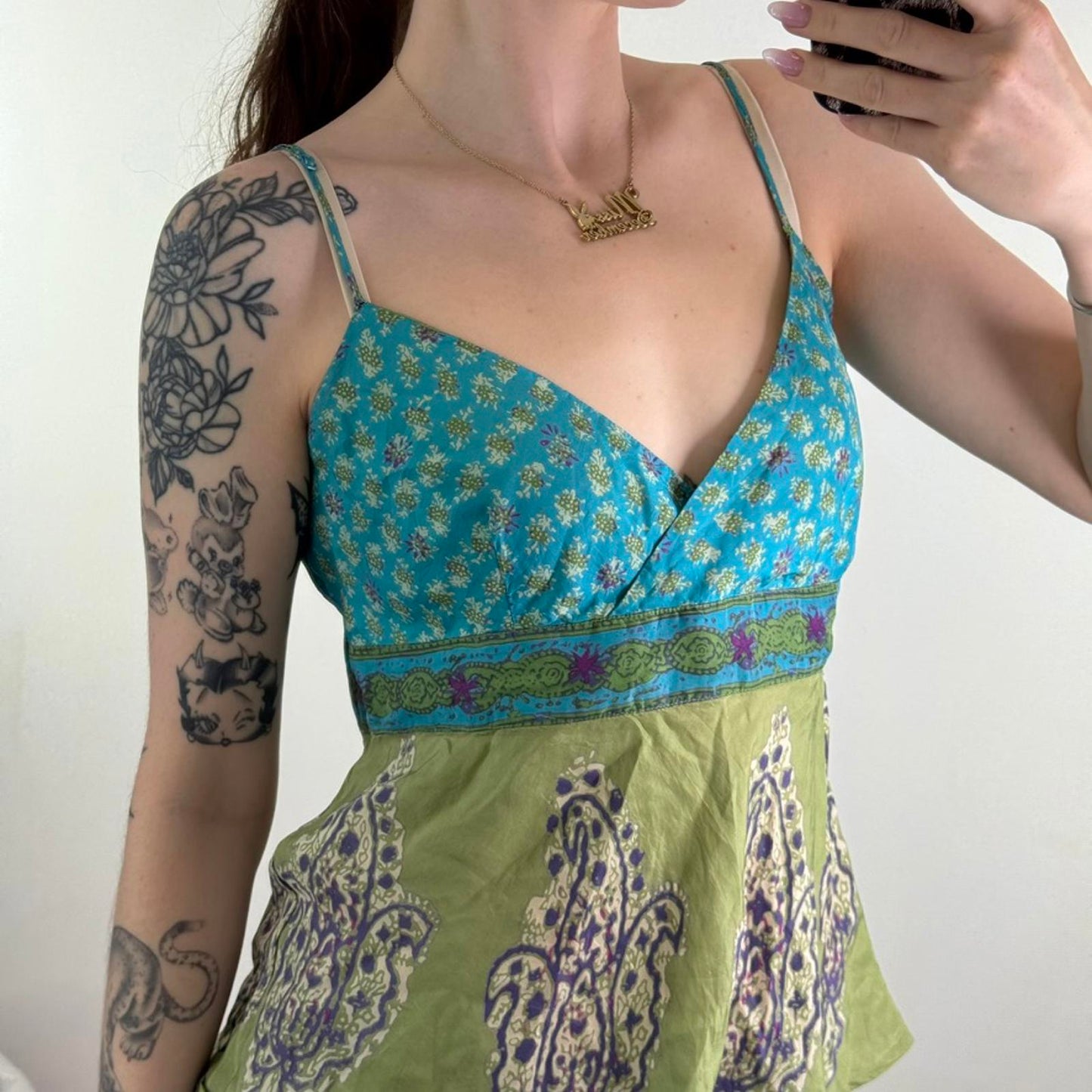 Y2K vintage 100% silk paisley cami top v neck strappy green blue lightweight