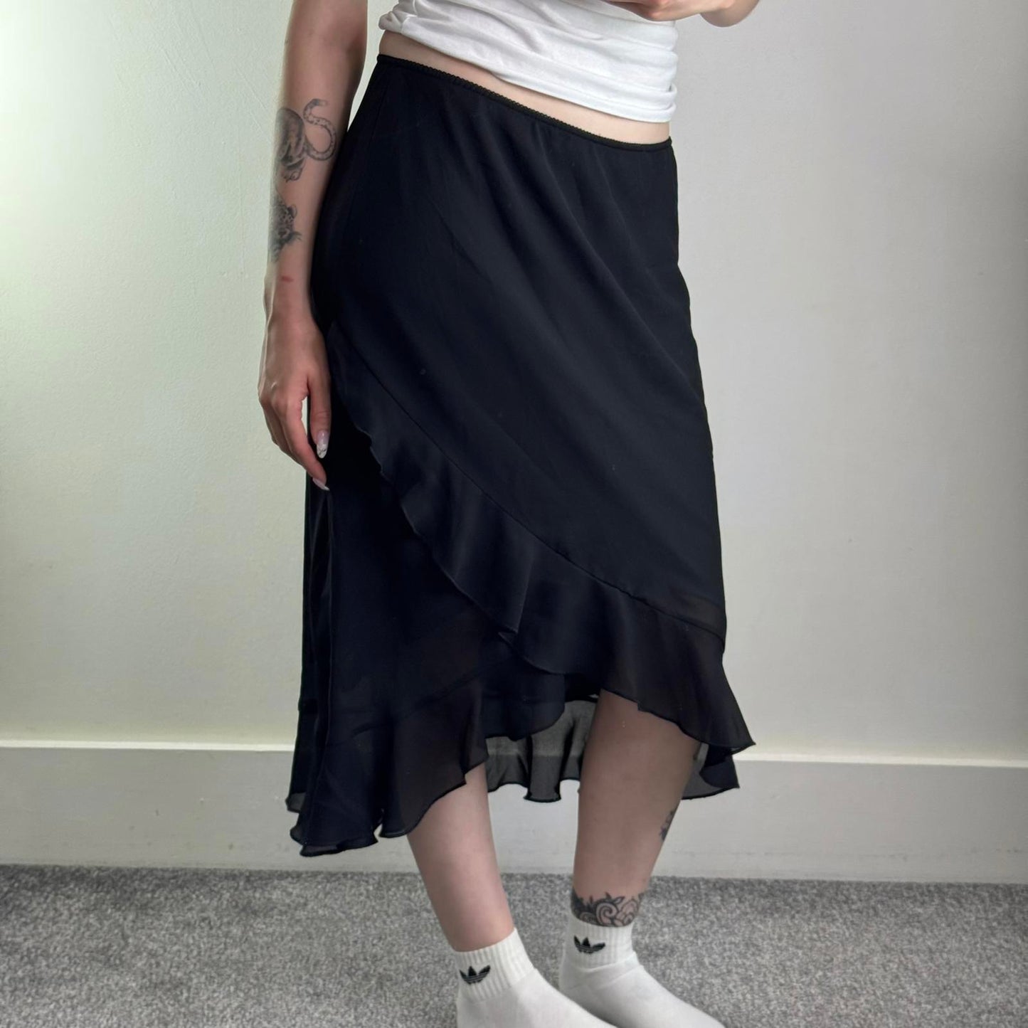 Y2K vintage low rise frilly ruffle midi skirt stretchy double sheer overlay
