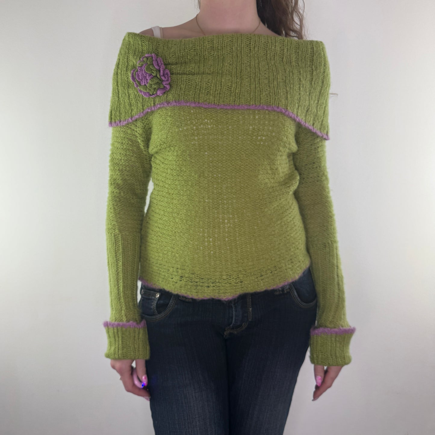 Y2K vintage off the shoulder flower knit jumper