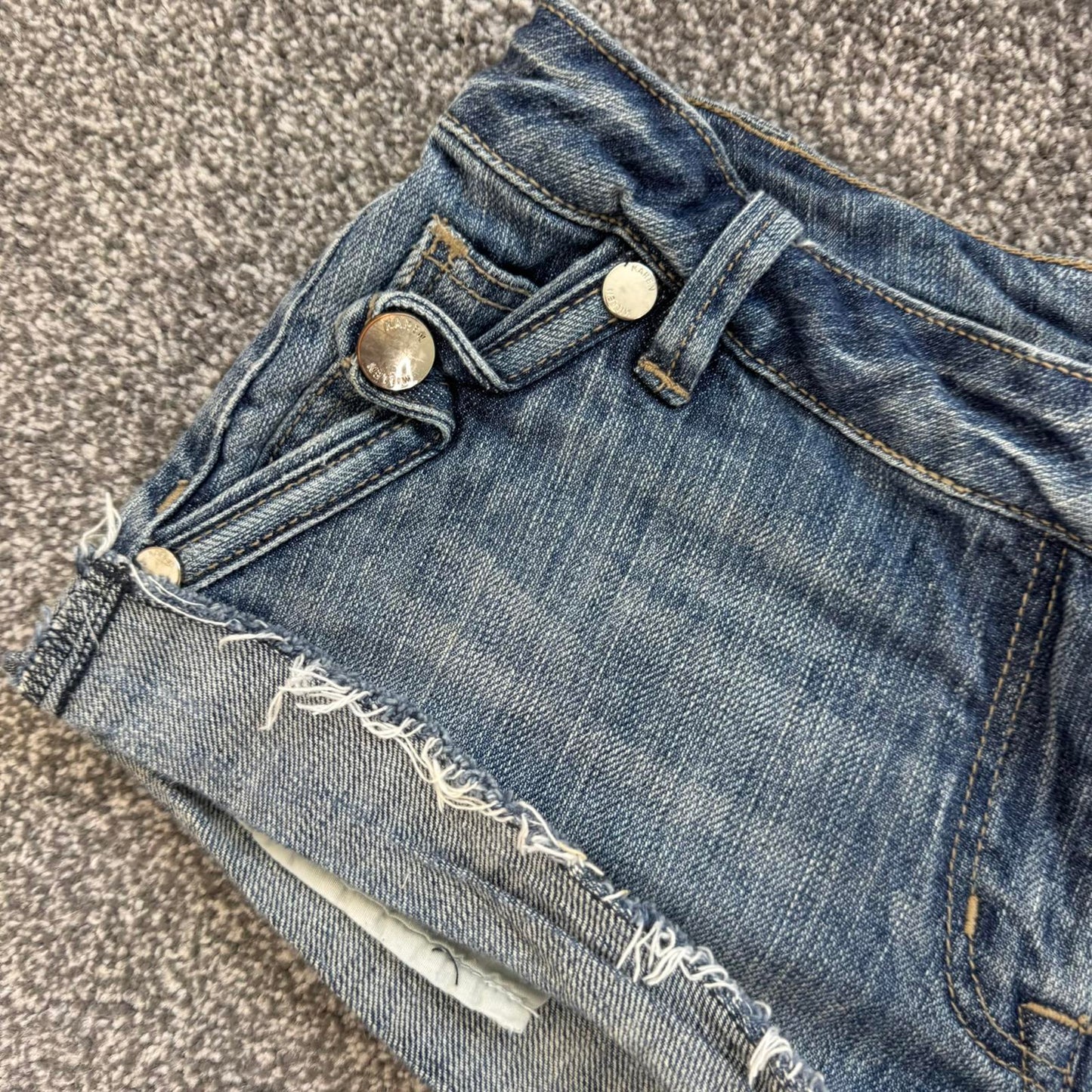 Y2K vintage Karen Millen low rise distressed denim mini shorts fraying hem