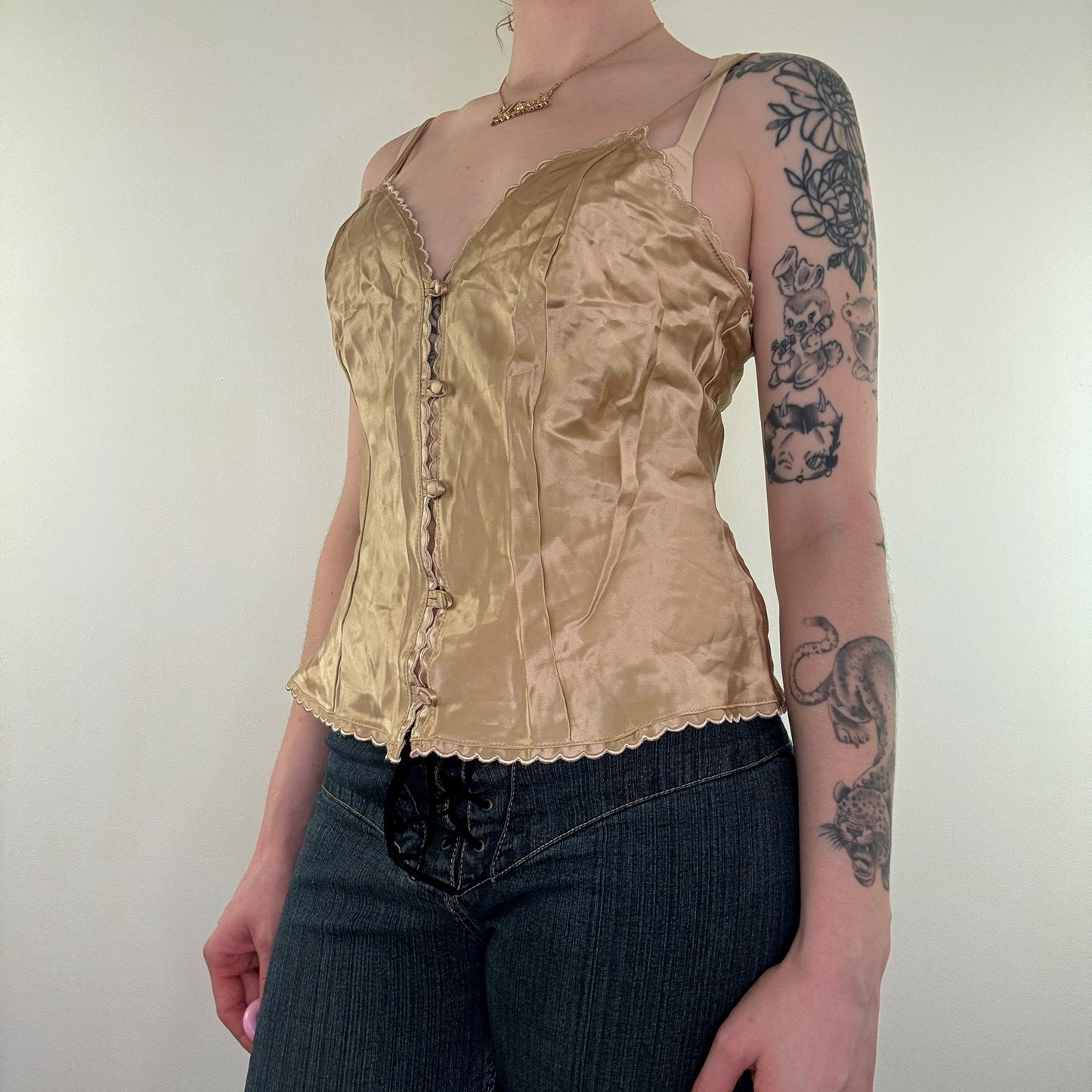 Y2K vintage gold satin button up silk cami top