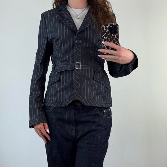Y2K vintage Karen Millen navy denim pinstripe button up blazer jacket belt