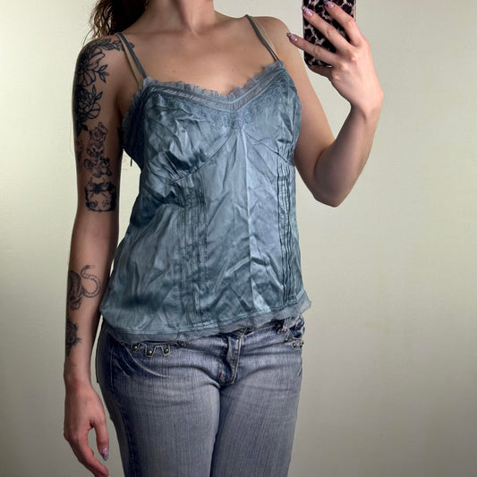 Y2K vintage 100% silk cami top lace trim strappy light blue shiny v neck