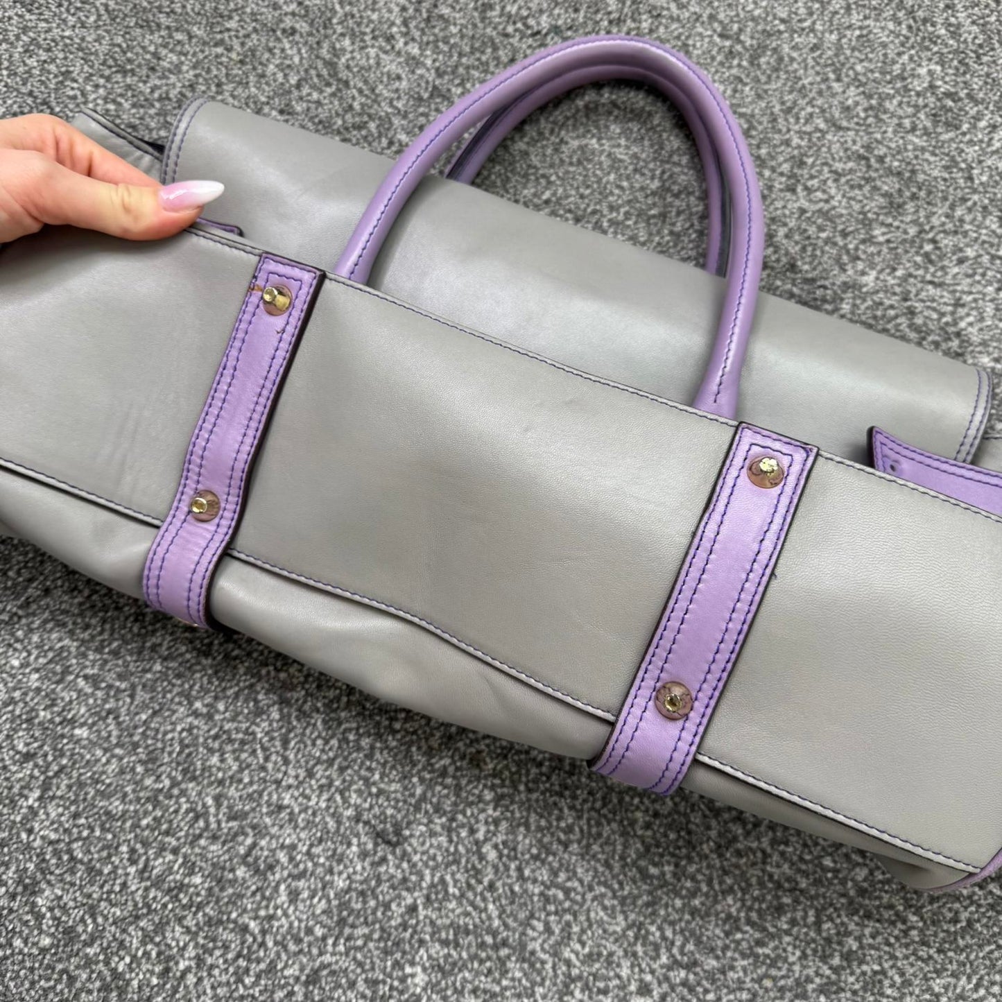 Luella Gisele large handbag grey purple genuine leather two tone grommet hearts