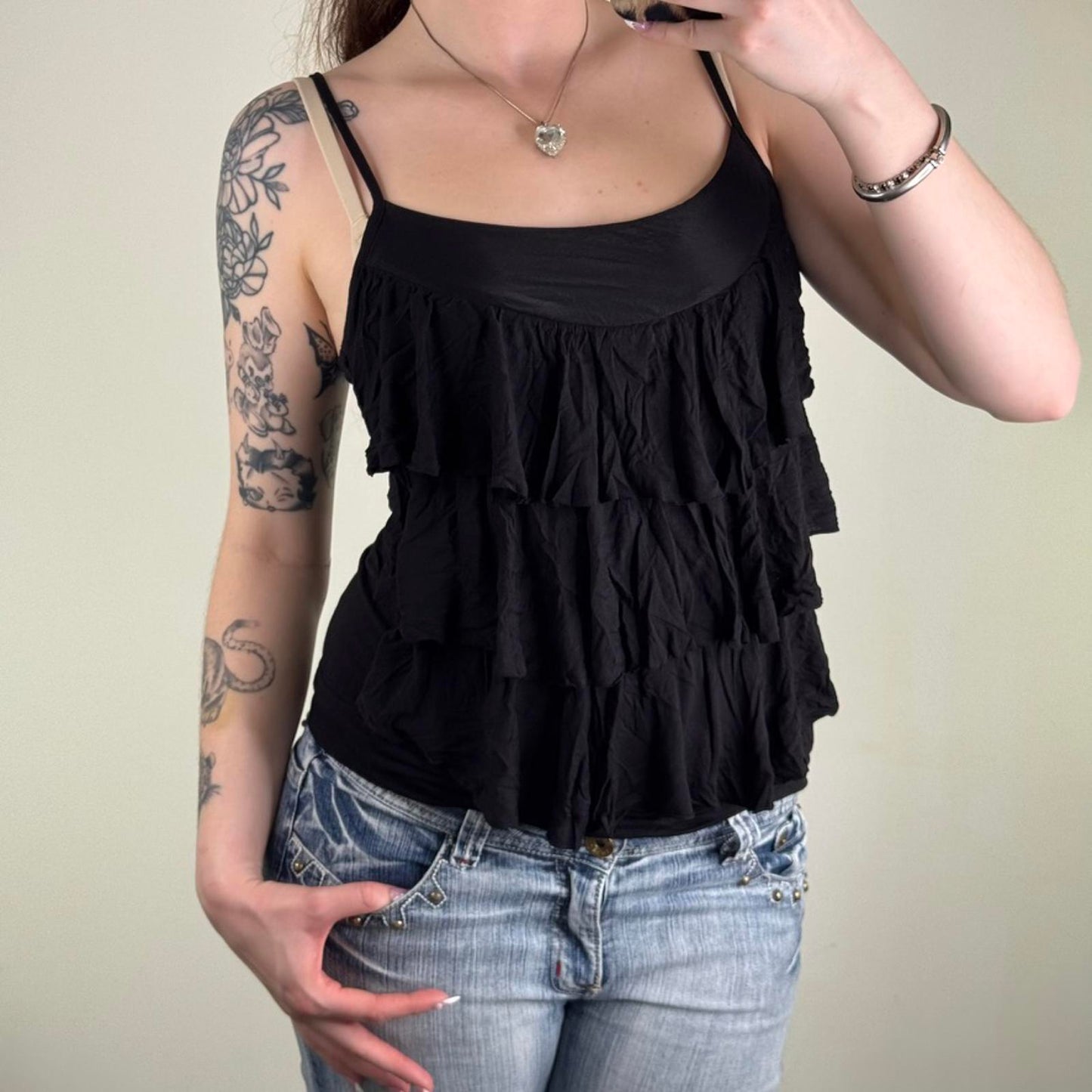 Y2K vintage Mango ruffle cami top layered strappy summer holiday round neckline