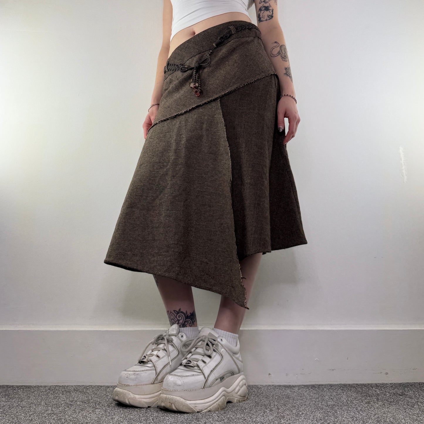 Y2K vintage asymmetrical tartan houndstooth midi skirt