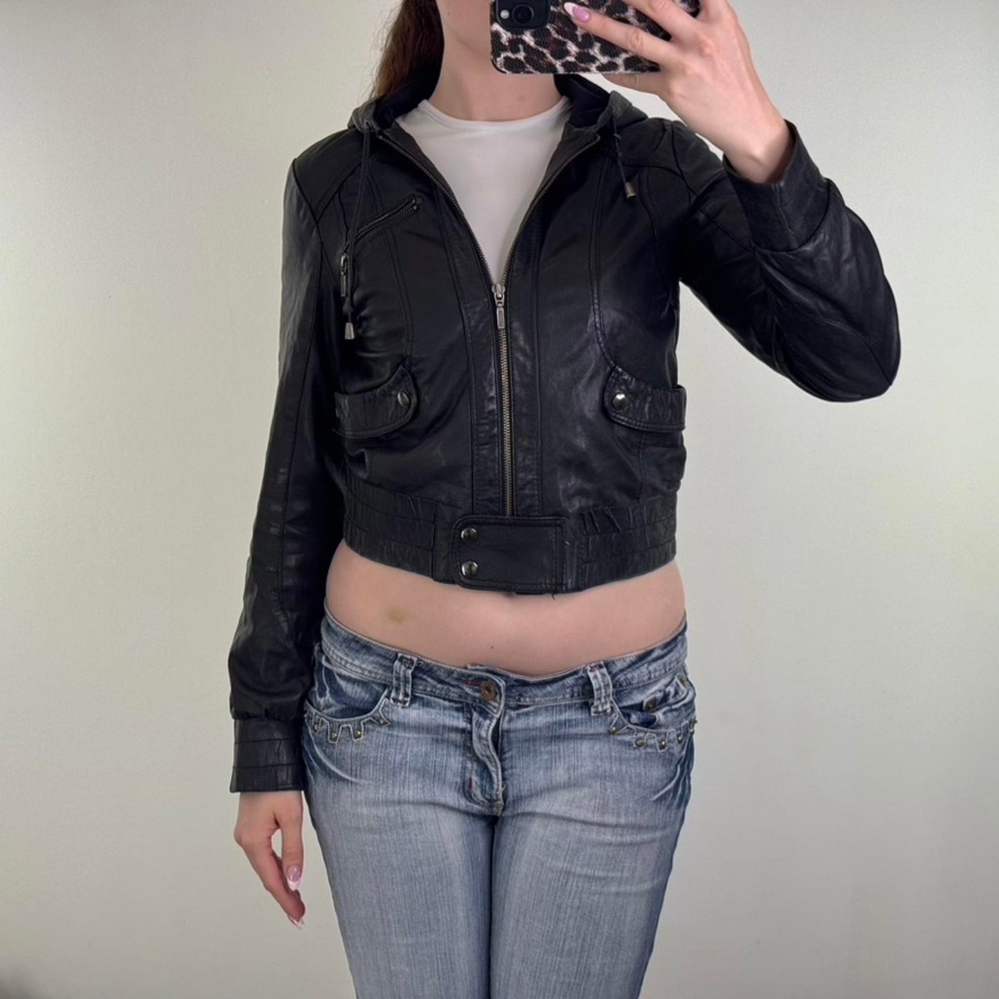 Y2K vintage genuine leather zip up jacket crop short length elastic waist hood