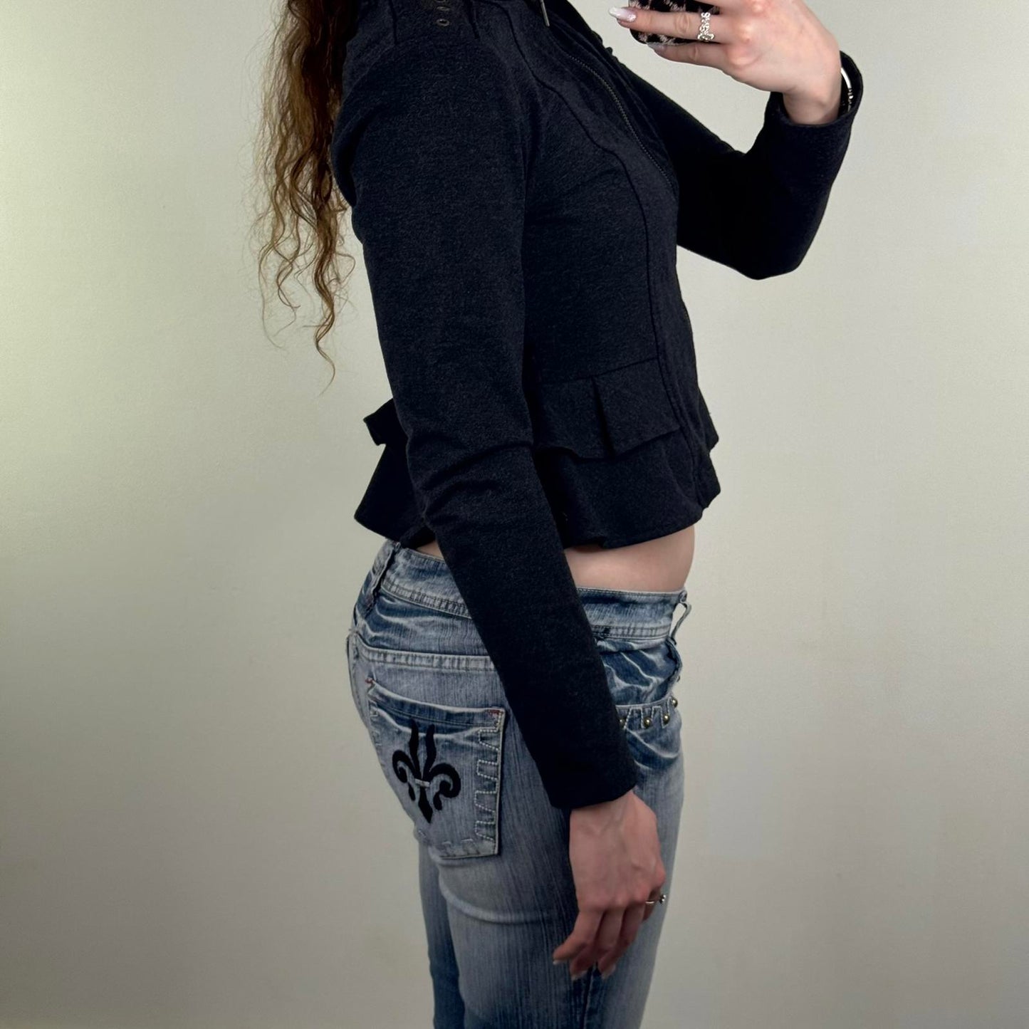 Y2K vintage zip up jumper grommet ruffle frill marl dark grey archive cropped