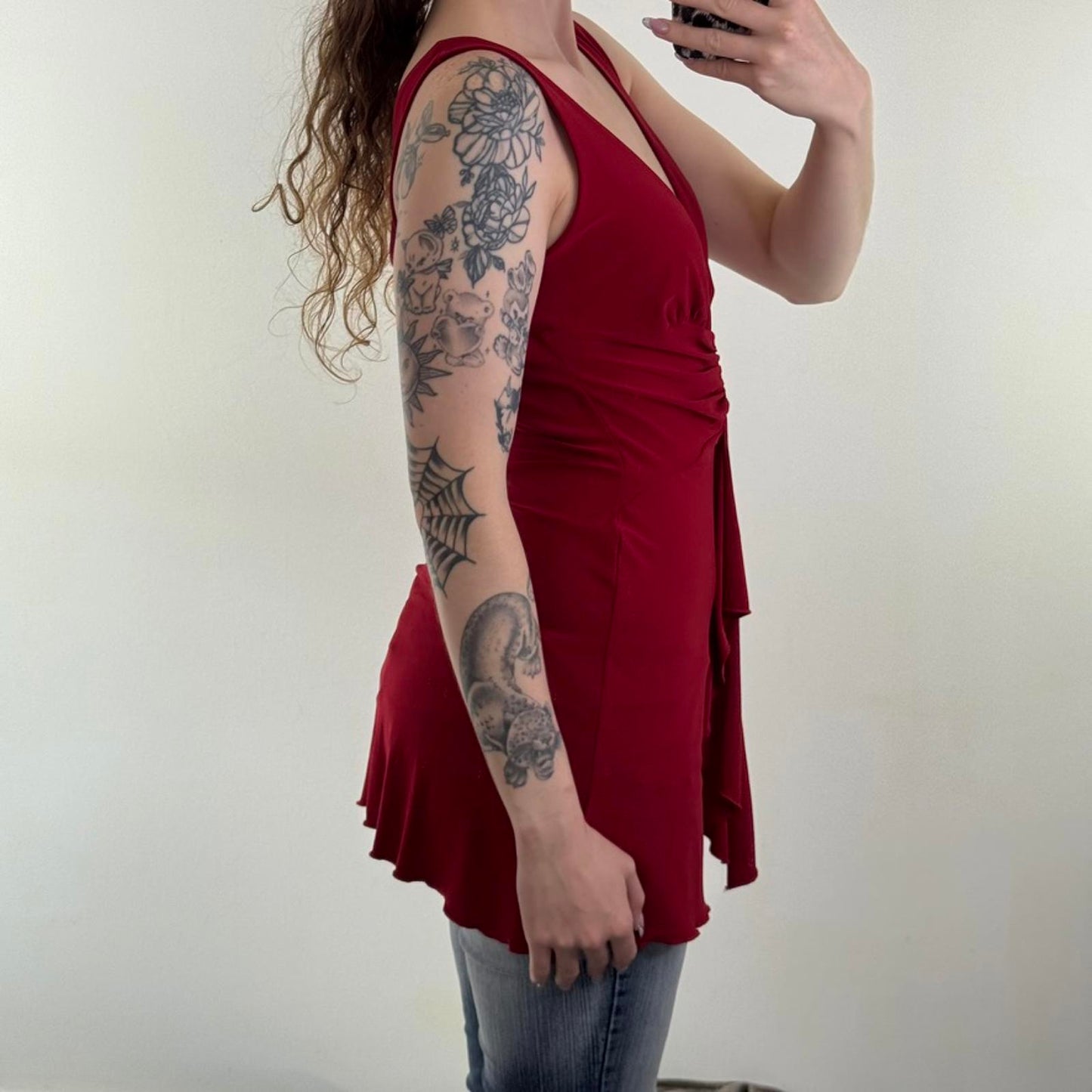 Y2K vintage slinky ruffle tank top ruched stretchy long length v neck red