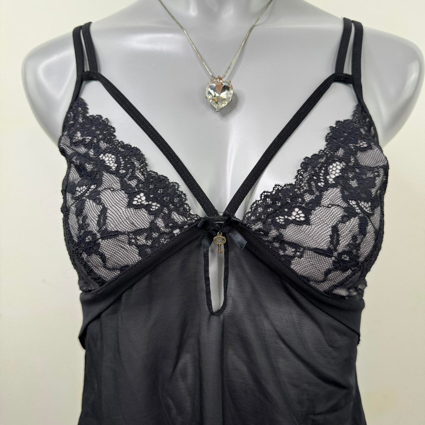 Y2K vintage cami top mesh lace trim sheer strappy keyhole charm