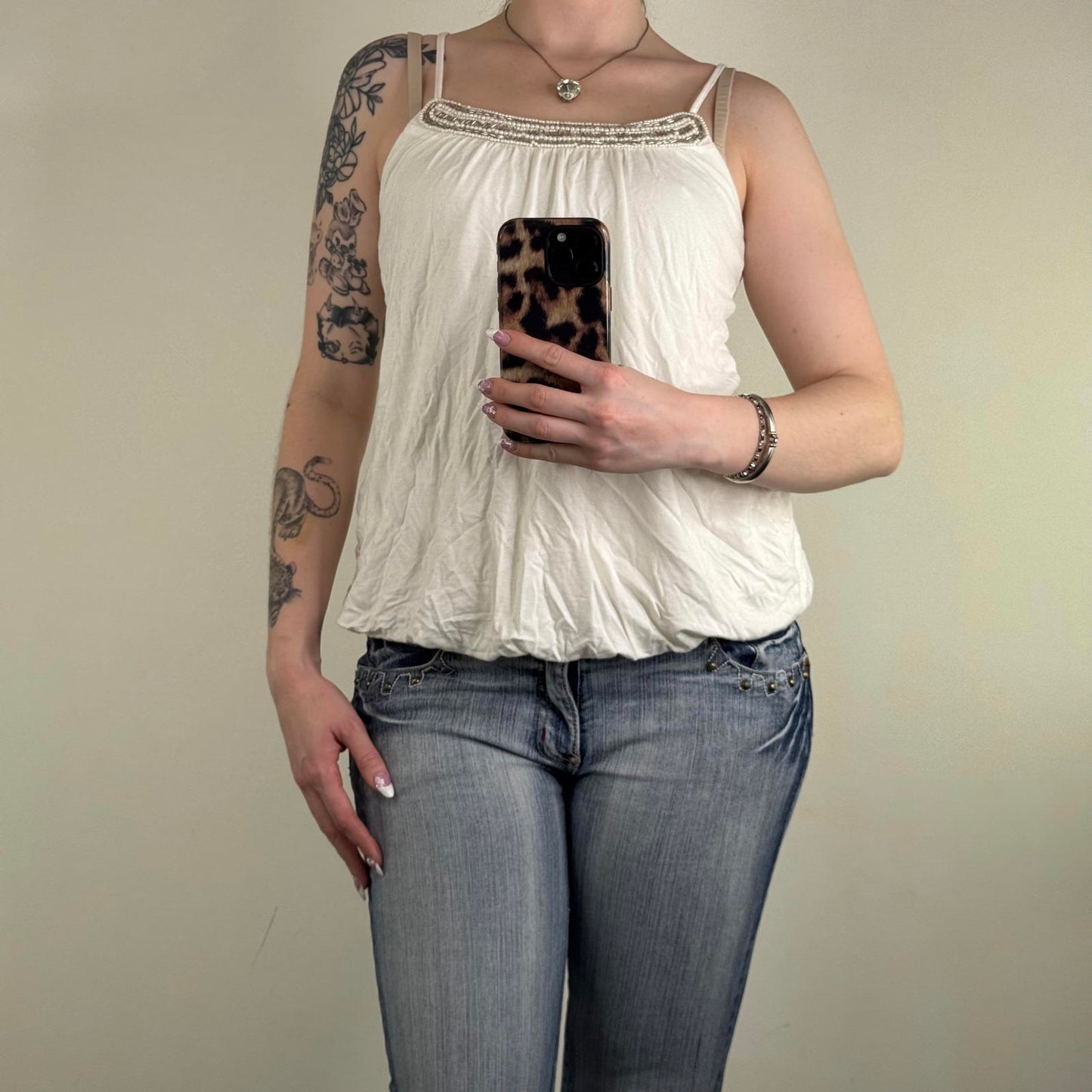 Y2K vintage cami top peplum beaded sequin embellished strappy white summer