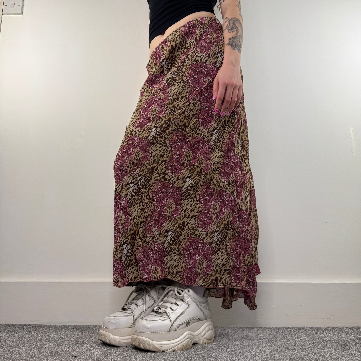 Y2K vintage leopard print frilly maxi skirt