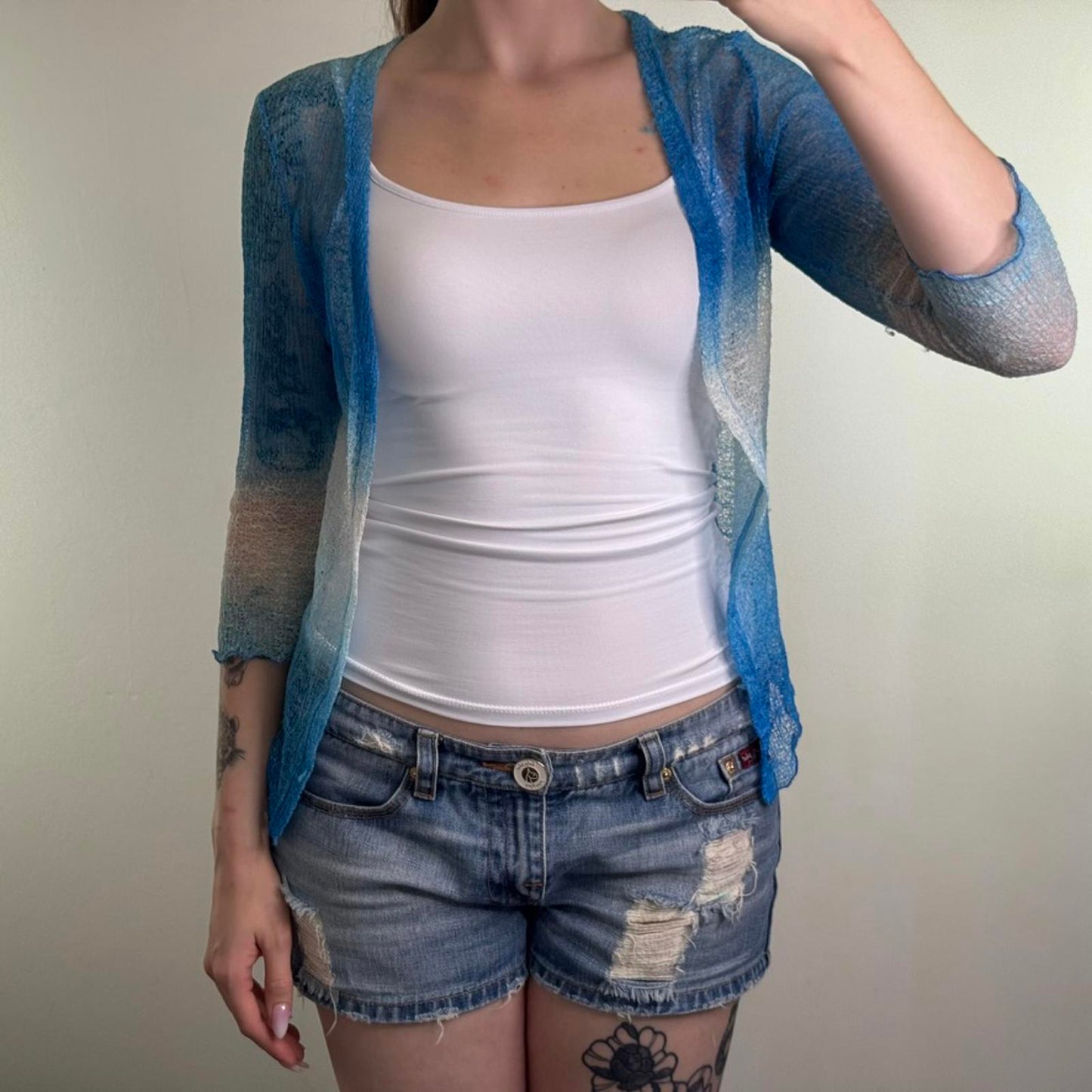 Y2K vintage ombre sheer fine knit cardigan shrug open front 3/4 sleeve