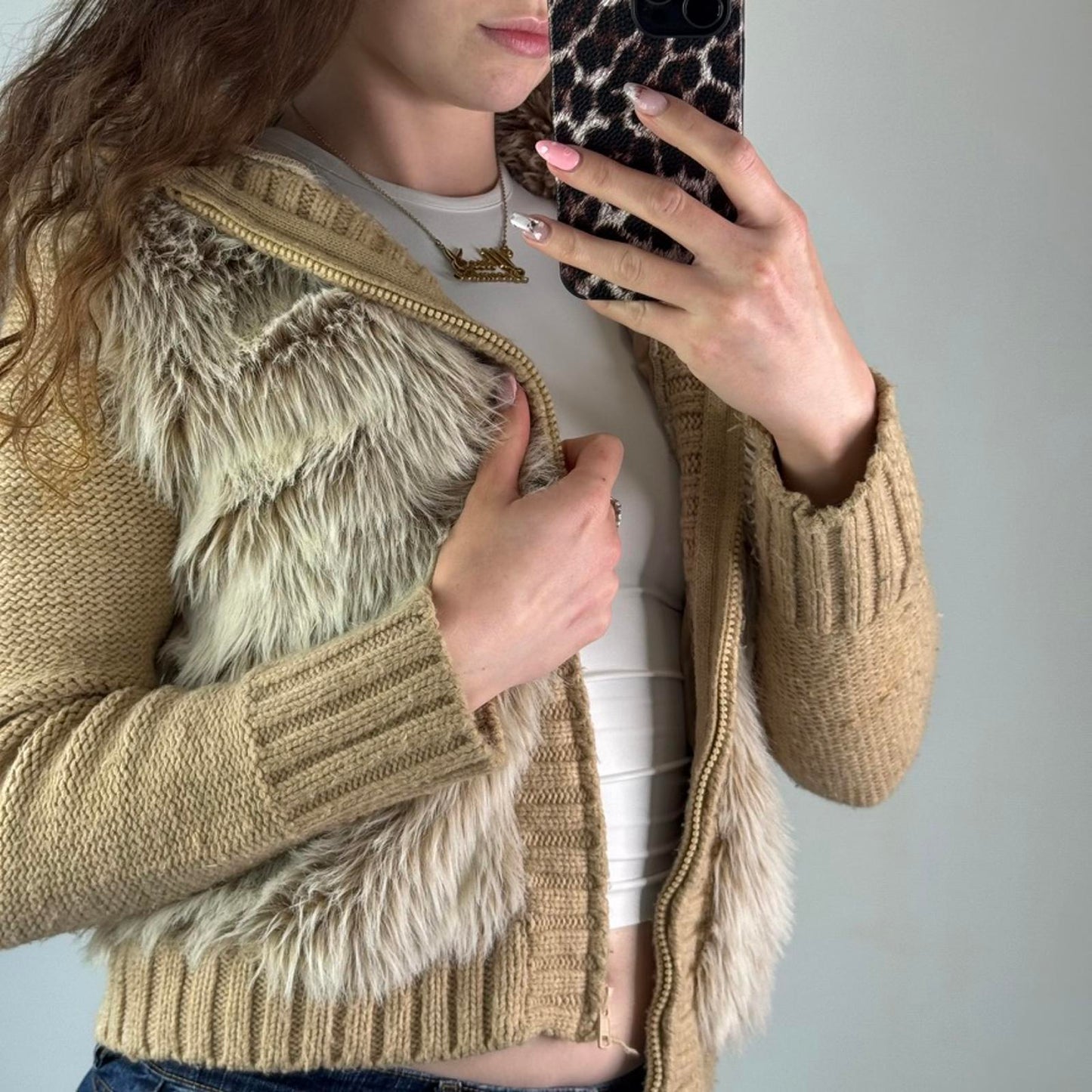 Y2K vintage faux fur zip up chunky knit hoodie mcbling