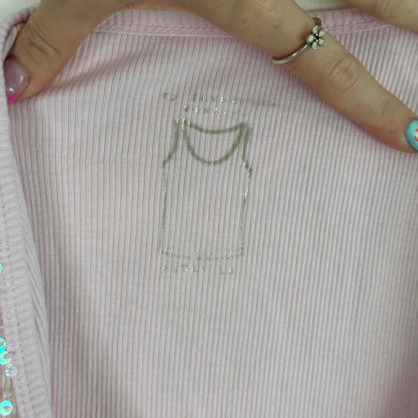 Y2K vintage sequin beaded embellished ribbed tank top round neckline baby pink