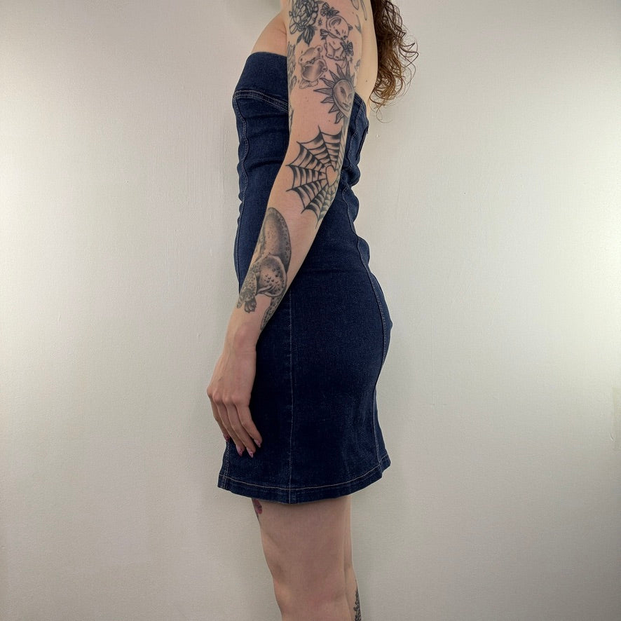 Y2K vintage stretchy denim strapless mini dress