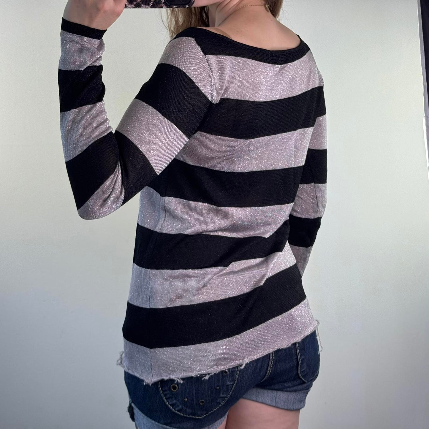 Y2K vintage fine knit stripe sparkly jumper black silver glitter